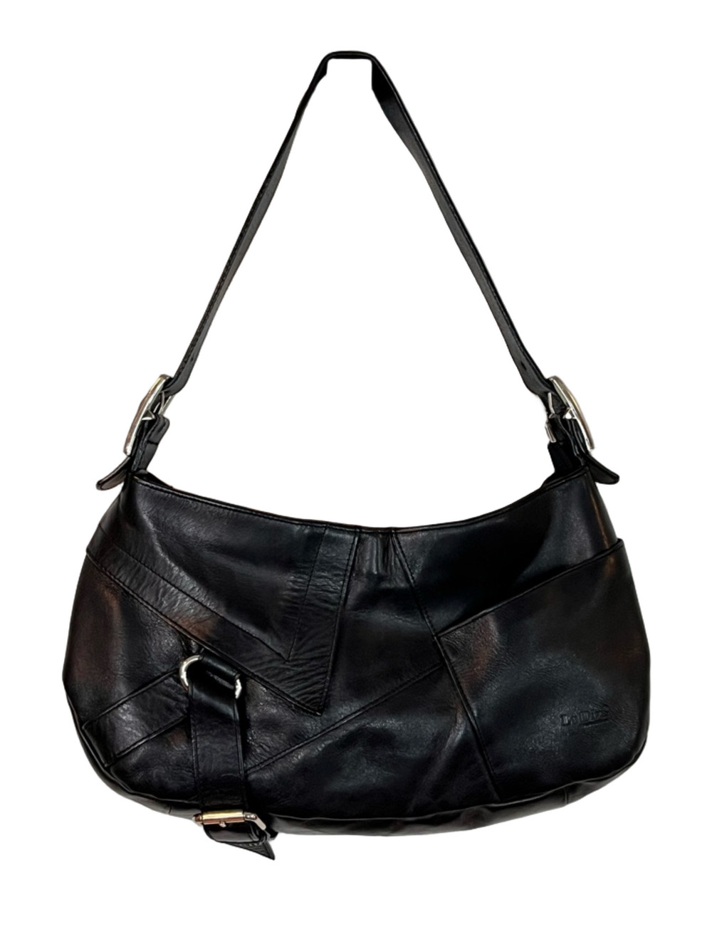 La Diva Black Leather Patchwork Hobo Shoulder Bag Silver Buckle Y2K Edgy Moto
